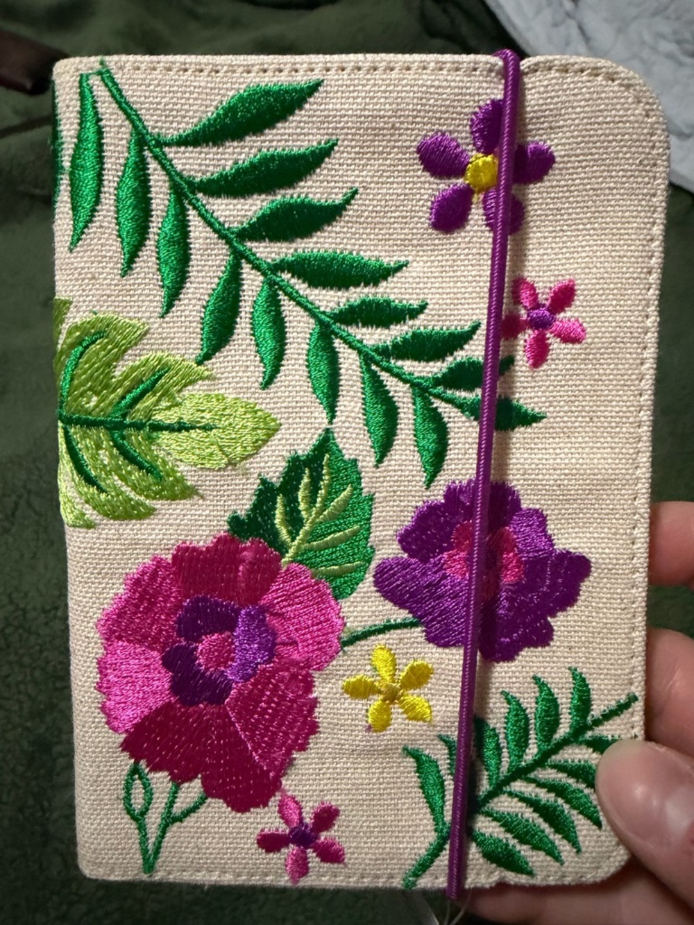 Embroidered Floral Canvas Cover in Cream, Green, Purple, Pink passport cover